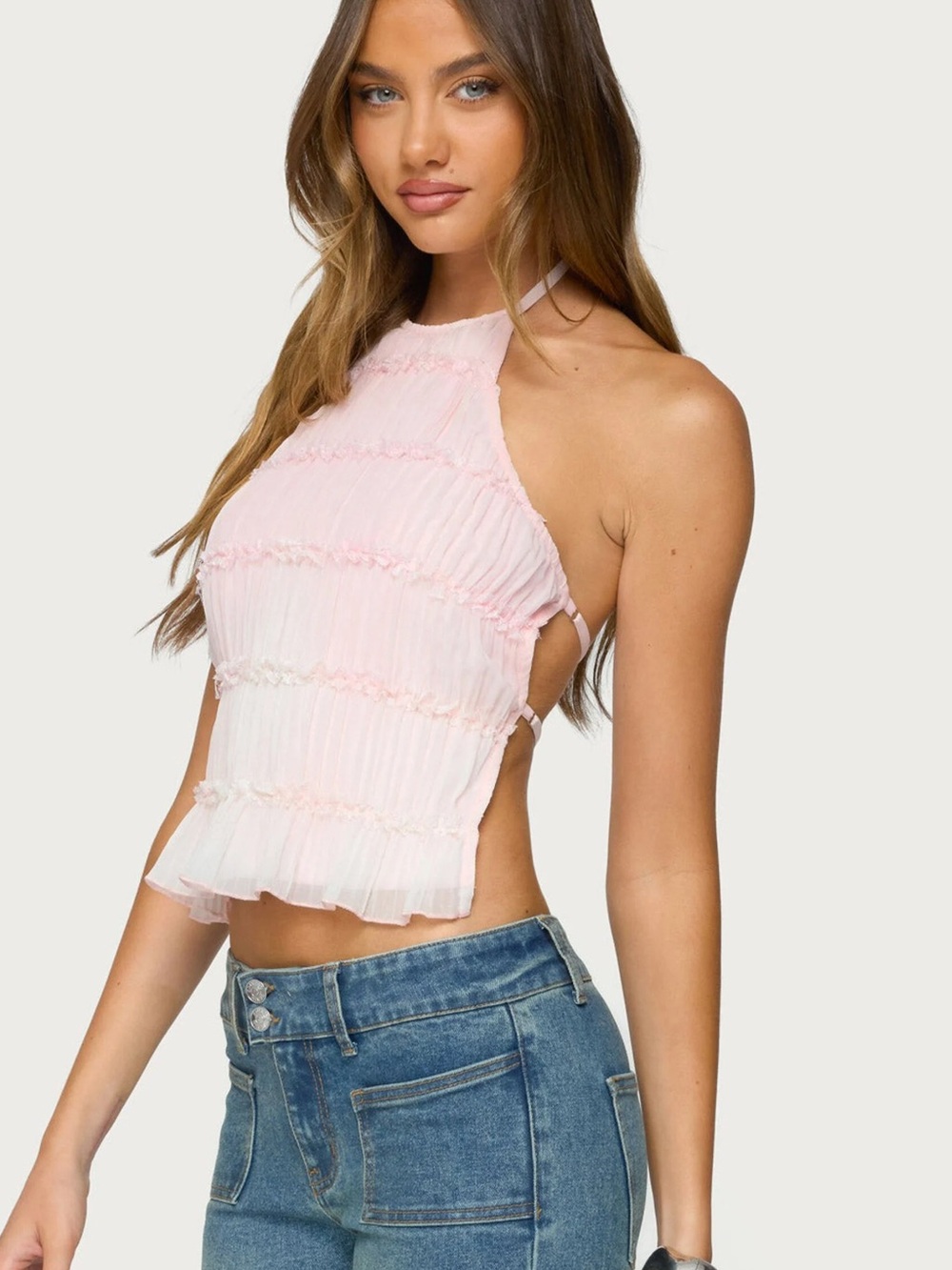 Light Pink Halter ruched Tank Top backless strappy sz small adjustable straps